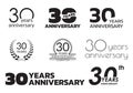 30 years anniversary icon or logo set. 30th birthday celebration badge or label for invitation card, jubilee design. Vector Royalty Free Stock Photo